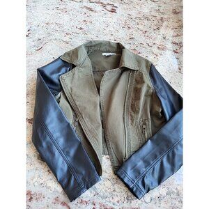 Sans Souci Jacket Green With Black Faux Leather Sleeves Women Size Large Juniors